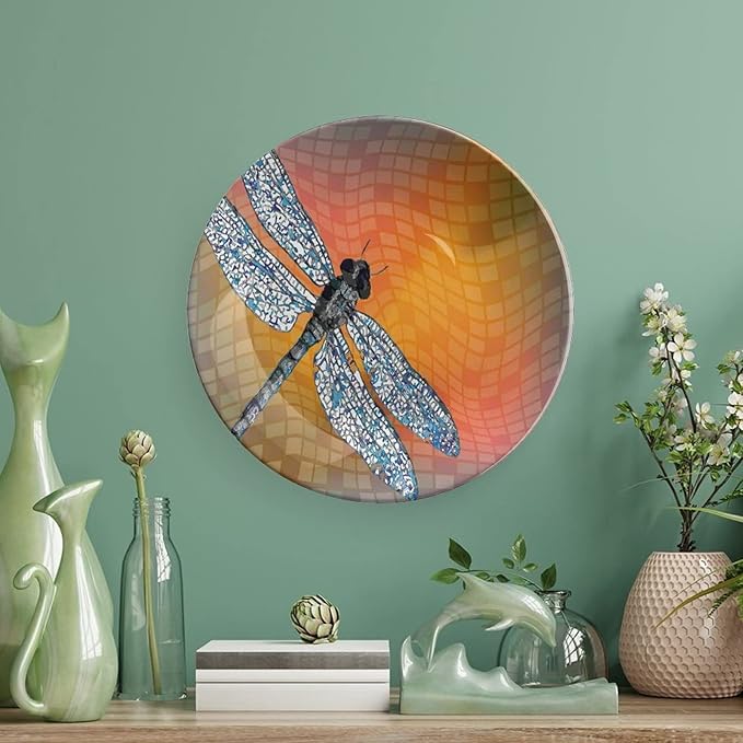 10 Inch Decorative Plate, Dragonfly Dinner Plate, Bird Like Bugs Flying on Orange Marigold Abstract Geometric Print Ceramic Wall Hanging for Fine Dining For Upscale Events, Dinner Parties, Weddings