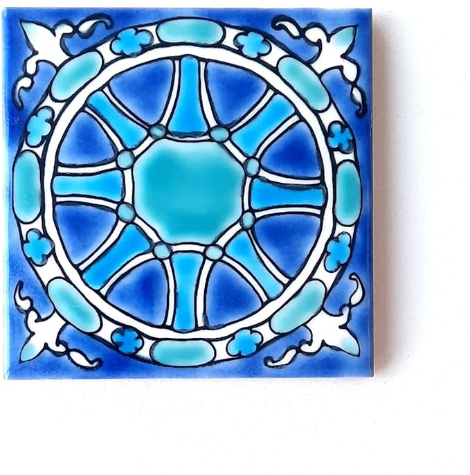 DŸARI Decorative Ceramic Tiles – Hand Painted Indoor & Outdoor Floor Tiles – Spanish Artisan Tile Top Kitchen – Mediterranean Decorative Tiles 4” × 4” – Durable Colorful Floor Tiles – 140 g (Eau V 3)