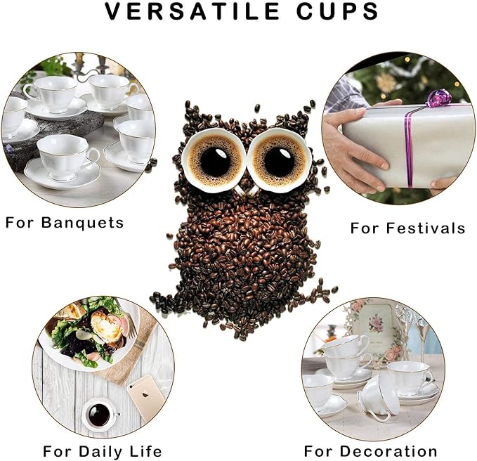 Guangyang 12 pieces Fine Porcelain 2.5oz Cups and Saucers set of 6 Turkish Coffee Cup set for Double Espresso White Color with Gold Trim