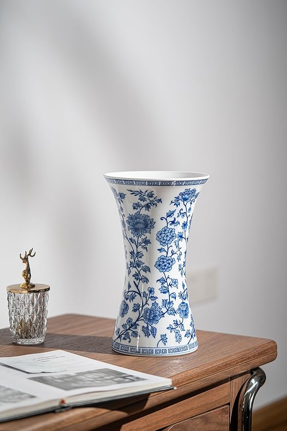 Modern Blue and White Porcelain Vase - Chinoiserie Ginger Jar for Home Decor, Floral Arrangement, 11-Inch Height Handcrafted Ceramic Vase