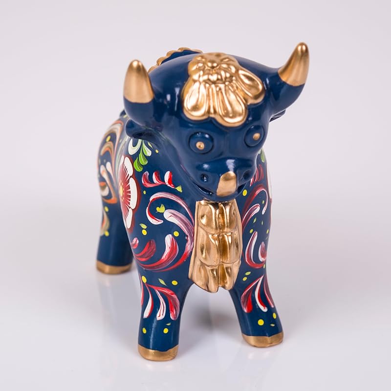 Blue Figurine Pucara Bull 4.7"H, Ceramic Bull Pucara Figurine, Peru Folk art, Pottery Sculpture Bull, sculpture made of clay, Unique Gift