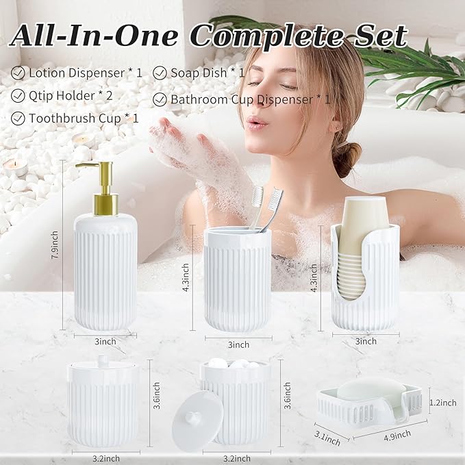 Ceramic Bathroom Accessories Set of 6 White, Soap Dispenser, Toothbrush Holder, Cup Holder, Soap Dish, 2 Qtip Holder, Countertop Vanity Organizer, Bathroom Accessory Set (White, Comb B)