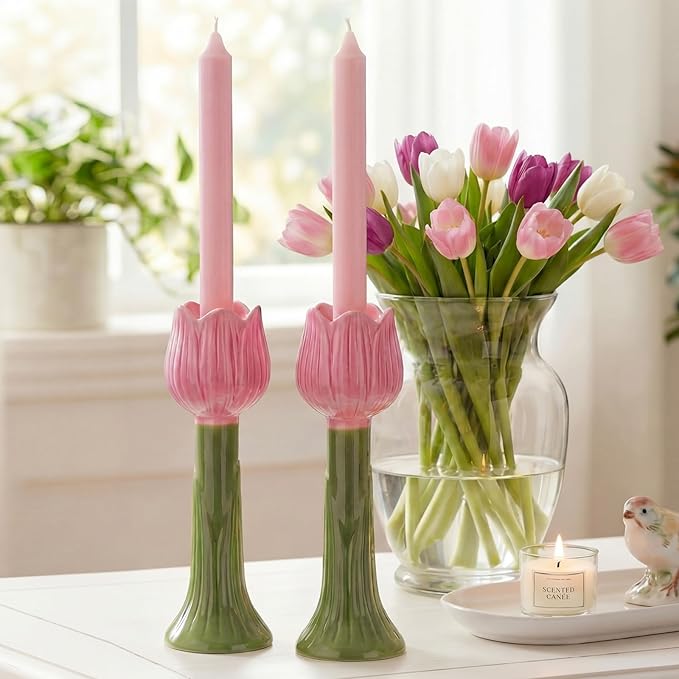 Vesici 2 Pcs 7.9 Inch Spring Pink Tulip Candle Holder Ceramic Tealight Candle Stick Holder for Table Centerpieces Wedding Parties Holiday Tabletop Decor Anniversary Engagement Gift