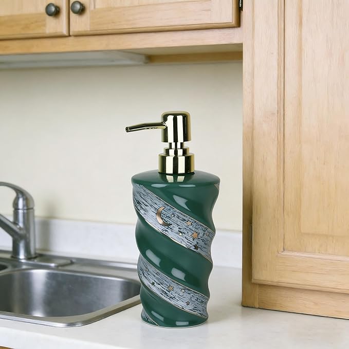 Bathroom Soap Dispenser, Large Capacity Ceramic Dispenser with Spiral Galaxy Design - Refillable Press Pump Bottle for Bathroom & Kitchen (14oz, Green)