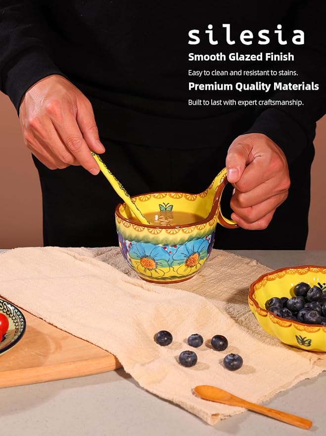 silesia Handmade Loop Handle Soup Bowl, Plate and Spoon Set Ceramic Hand Painted Cereal Bowl Great for Soup, Ice cream, Snack, Stew in Gift Box, Dishwasher & Microwave Safe, Glazed Yellow