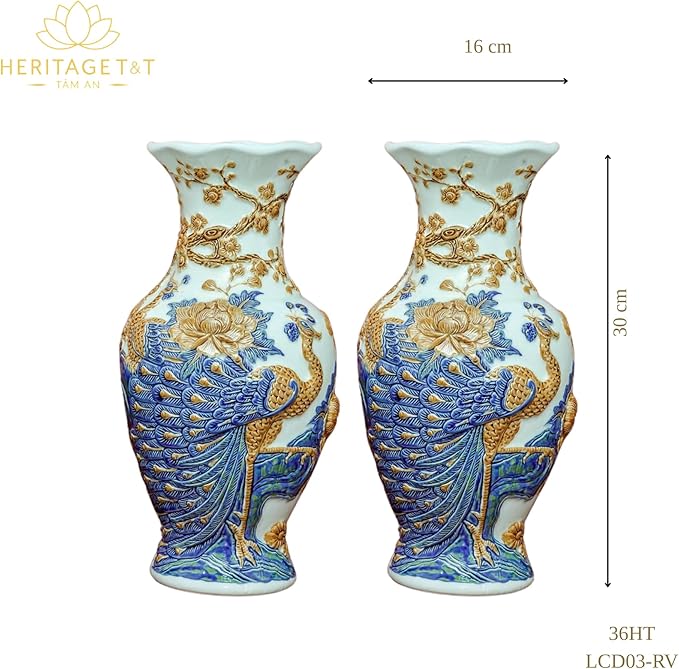 HERITAGE T&T Peach Flower Altar Vase Pair – Bat Trang Handmade Ceramic – Buddhist Altar Flower Vase Set – Traditional Asian Home Decor – 1 Pair (2 Vases) - Blue & Yellow Glaze - 30 cm (11.8 in)