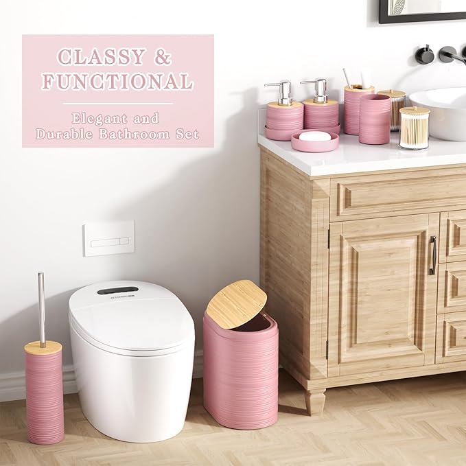 Pink Bathroom Set - 10PC Bathroom Accessories Set, Luxury Bathroom Accessory Set with Trash Can,Toilet Brush & 2 PC Soap Dispensers for Apartment Decor and Housewarming