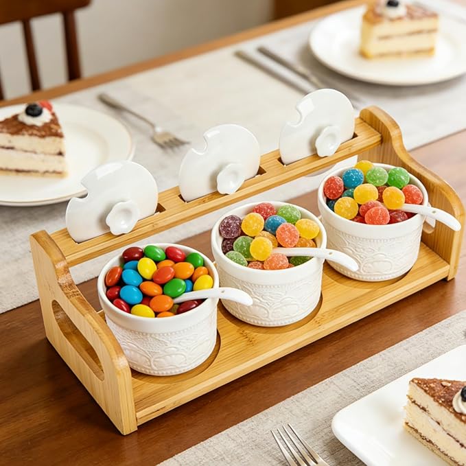 10 Pack Sauce Serving Dish, 5 Oz Ceramic Chip Dip Sauce Bowls with Spoons Lids for Party, 3 Condiment Seasoning Jars with Bamboo Tray for Snacks, Appetizers, Sauces