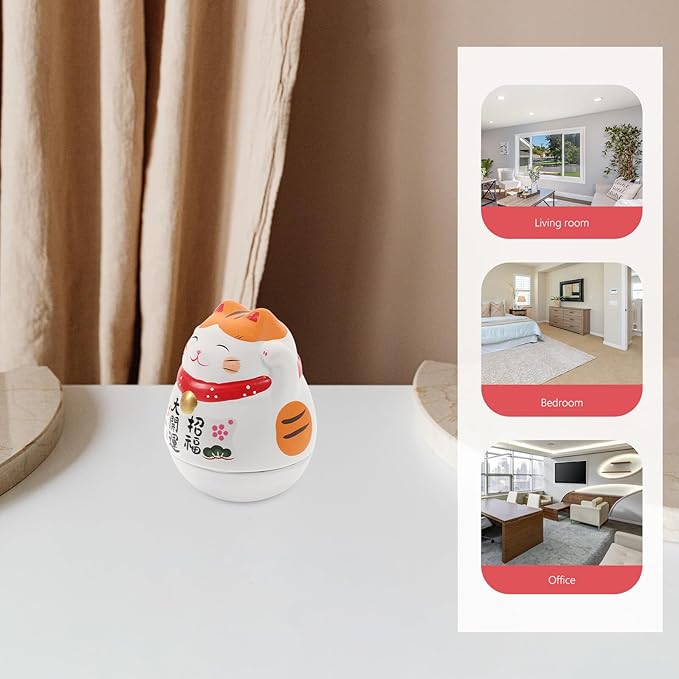 Uonlytech Ceramic Maneki Neko Figurine White Lucky Cat Tumbler Ornament with Orange Ears Small Desktop Decor Auspicious Japanese Home Accent