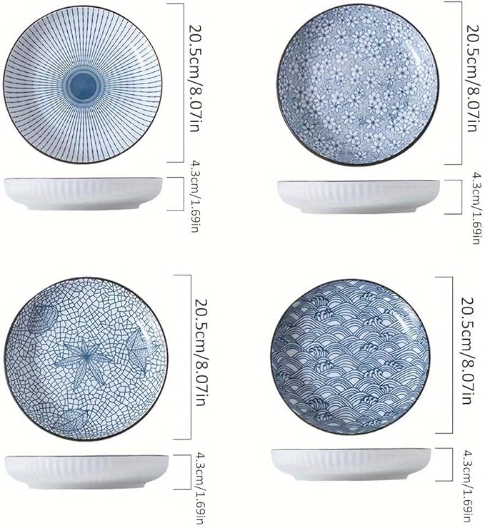 FENGHUI Set of 4 Ceramic Plates, 8 Inch Dinner Plates, Salad Plates, Dessert Plates, Home Dorm Kitchen Dining Room Suitable for use in microwave ovens and dishwashers