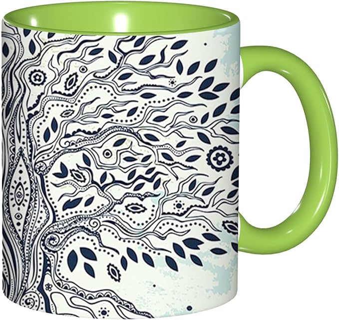 Asian,Funny Novelty Ceramic Coffee Cups With Handle,Tree of Life Evil Eye Theme Tea Cup for Office and Home, 11 Oz,Dishwasher Microwave Safe (Green)