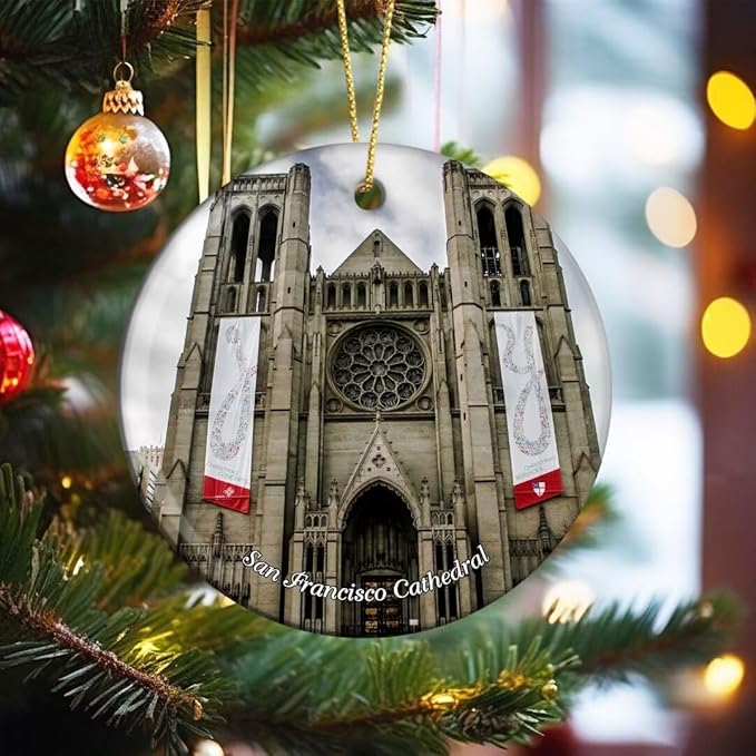 California San Francisco Cathedral USA America Christmas Ornaments Ceramic Round Hanging Pendant Xmas Decor City Travel Souvenirs 3" Porcelain Double Sided