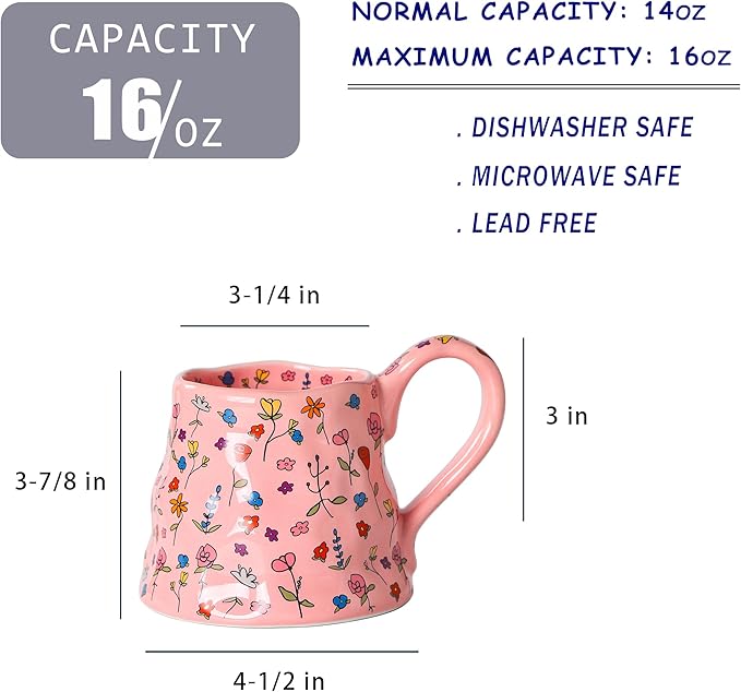 Mkour 16oz Large Ceramic Coffee Mugs, Handmade Big Tea Cups, Floral Design, Wide Bottom with Large Handle for Office and Home, Microwave and Dishwasher Safe (Pink)