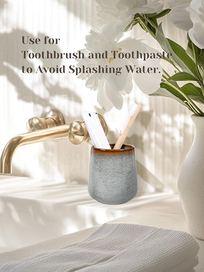 INGOFIN Ceramic Toothbrush Holder, 12 oz Toothpaste Holder Bathroom Cup, Tooth Brush Holder for Vanity Countertop, Organizer Storage for Cosmetic, Makeup, Office Pencils, Kiln-Glazed Grey White