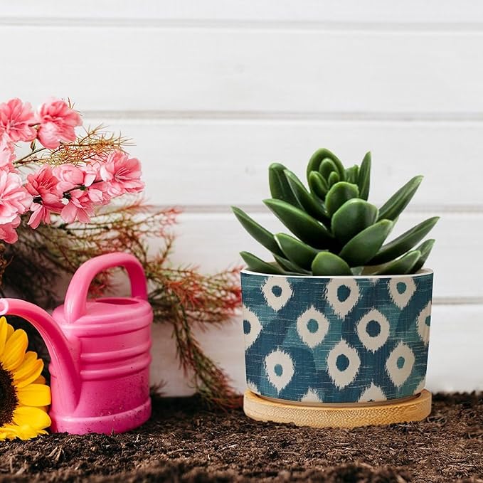 Blue and Ikat Bukhara Ceramic Planters Antique Ikat in Teal Planters for Indoor Plants with Drainage Holes and Saucers Pot for Home Office Desk Garden