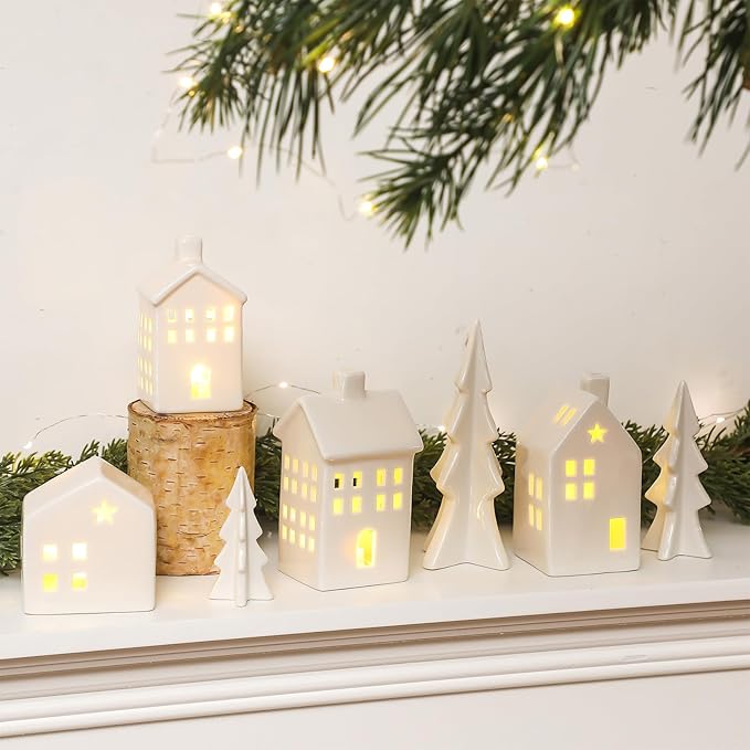 7 Pcs Ceramic Christmas Village Set 4 LED Light up White Ceramic Village Houses with 3 Xmas Trees Xmas Figurines for Farmhouse Rustic Indoor Home Mantel Table DIY Display Holiday Decoration