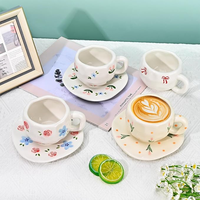 Koythin Ceramic Coffee Mug with Saucer Set, Cute Pink Tulip Flower Cup Unique Irregular Design for Office and Home, 10 oz/300 ml for Latte Tea Milk
