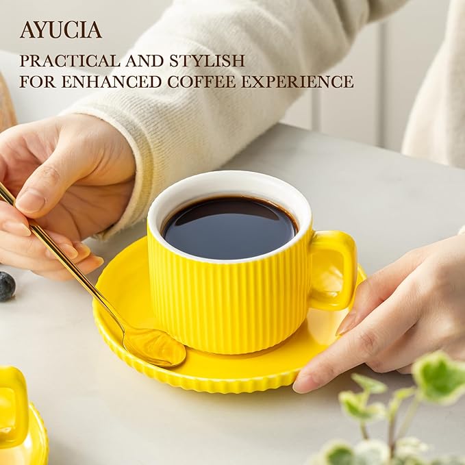 5 Ounce Espresso Cups Set of 4, Small Coffee Cups with Saucers and Spoons, Yellow Ceramic Demitasse Espresso Mugs