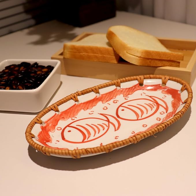 Rattan Ceramic Tray, Oval Fruit/Bread/Cookie/Jewelry Small Storage Porcelain Serving Plate, Vintage Decorative Display Plate for Coffee Table Home Decor Wedding Party Gift (Red Fish)