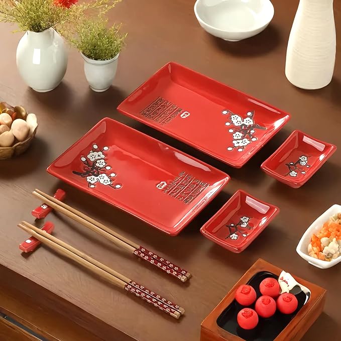 10 pcs Japanese Sushi Plate Sets Serving Platters and Trays for Entertaining Sushi Dishes Set Plates Sushi Plates Traditional Cuisine Dinnerware Sets with Chopsticks Red Plum