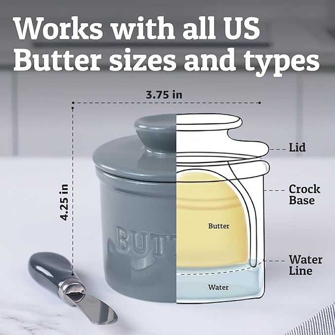 PriorityChef Butter Crock with Lid with Water Line, Ceramic French Butter Dish to Leave On Counter, Light Grey