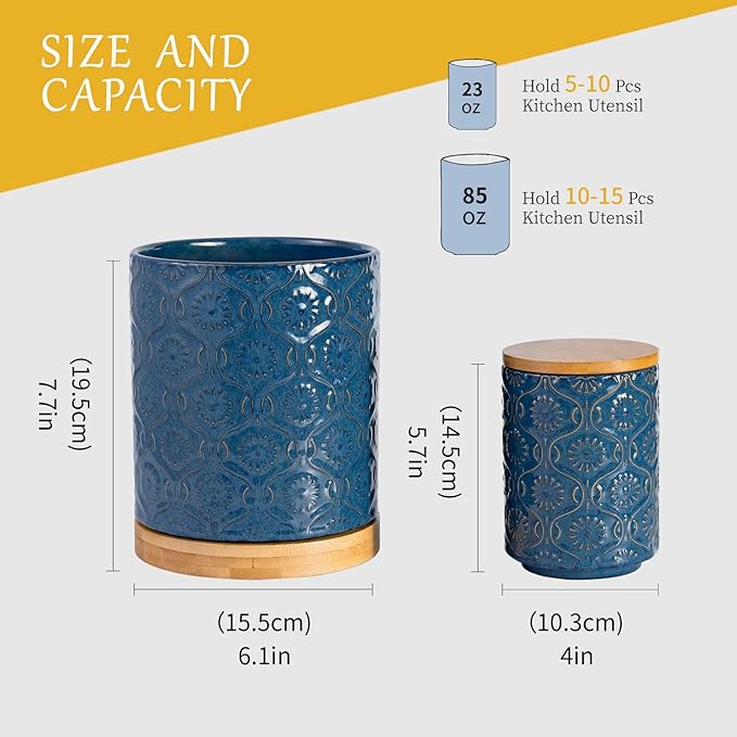 TEATALK Ceramic Utensil Holder Set, 360° Rotating Organizer for Countertop, Farmhouse Vintage Style, Large and Small Crocks in Dark Blue，7.7"+5.7"