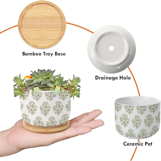 1 Piece Green Flower Small Succulents Pots Oriental Chinoiserie Cactus Planter for Indoor with Drainage Holes and Bamboo Tray Watercolor Chinoiserie Floral Ceramics Planters for Indoor