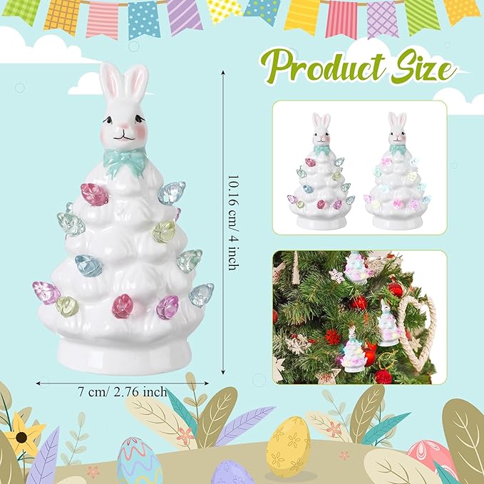 Leinuosen 6 Set Mini 4 Inch Easter Bunny Ceramic Tabletop Tree with LED Lights Easter Bunny Hanging Light up Hanging Ornaments Pre Lit Hand Painted for Table Home Office Holiday Decorations