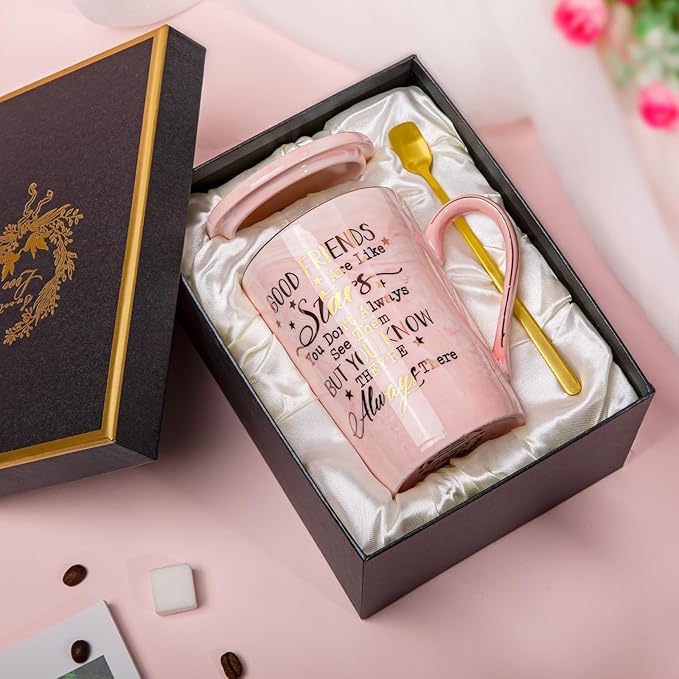 Best Friend Birthday Gifts for Women, Friendship Gifts for Women, Unique Birthday Valentines Day Gift Ideas for Her, Friends Female, Besties, BFF Ceramic Marble Coffee Mug Gift Box Printed Gold 14 oz