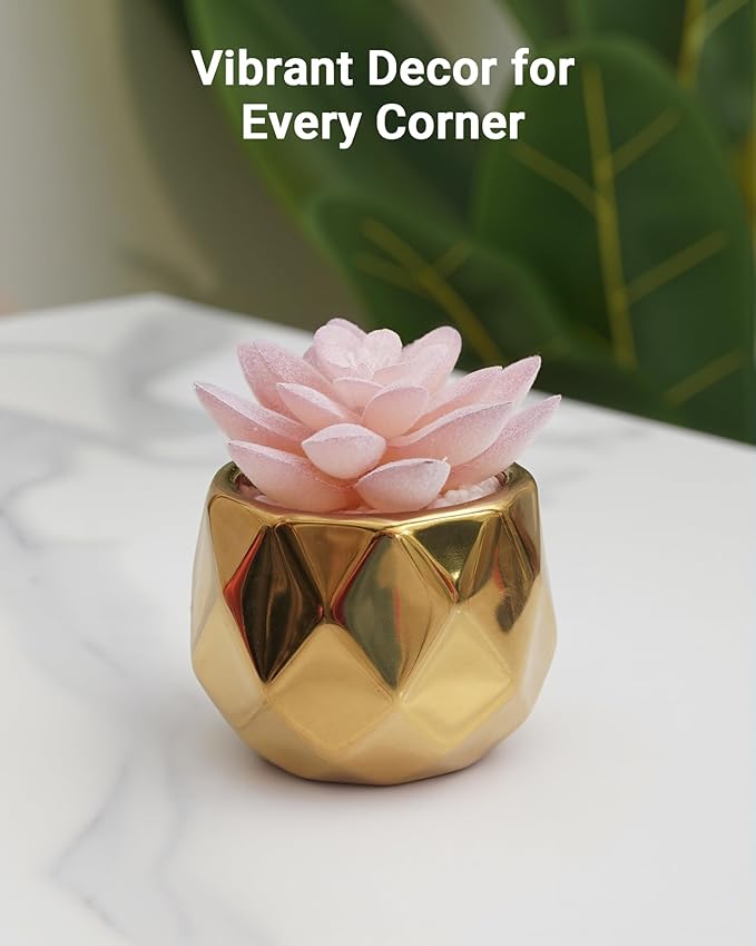 VIVERIE Mini Succulents Plants Artificial in Pots-Pink with Golden Ceramic, Christmas Small Fake Succulents Plants for Home Decor Indoor for Women, Golden Ceramic Faux Succulents, Gifts for Mom