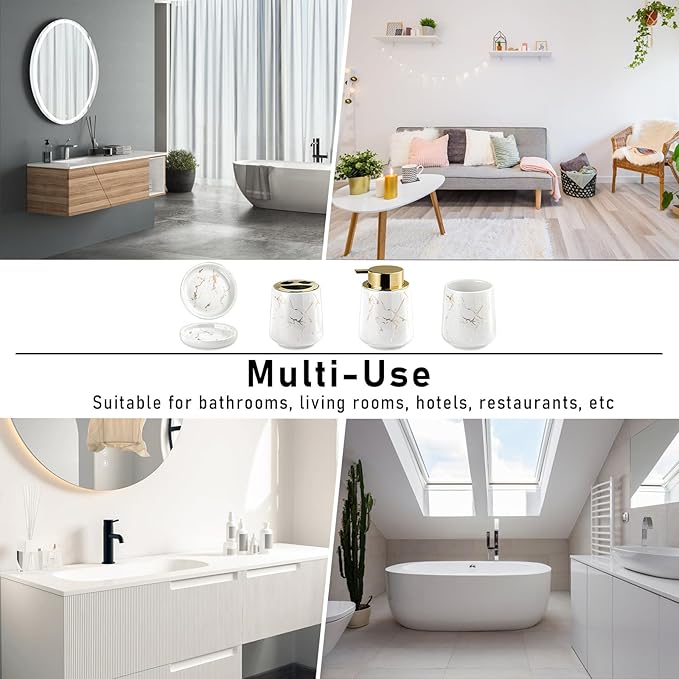 YYW Ceramic Bathroom Accessory Set, Marble Soap Dispenser Washing Set- Hand Lotion Dispenser Pump, Toothbrush Holder,Tumblers, Soap Dish-Refillable Liquid Dispenser (White Four Piece)