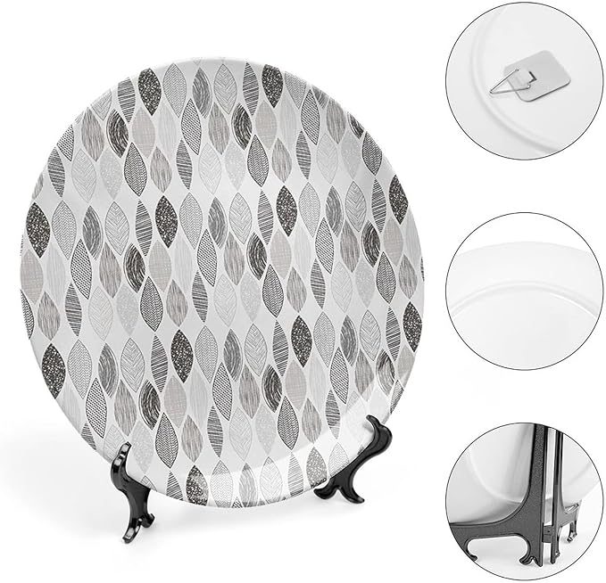 XISUNYA 8 Inch Decorative Plate, Doodle Porcelain Plate, Woodland Forest Pattern Abstract Leaves Sketch Print Ornament Display Plate Decor Accessory for Dining, Parties, Wedding