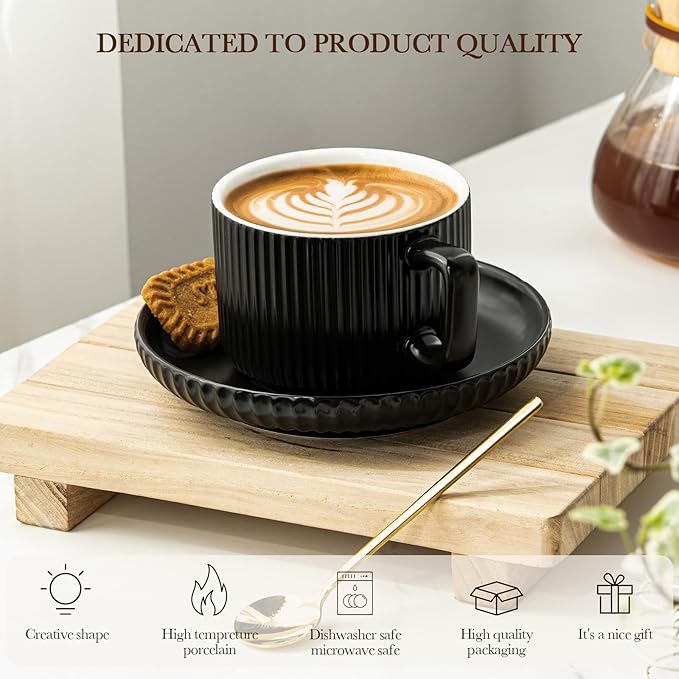 8 Ounce Cappuccino Cups Set of 4, Latte Mugs with Saucers and Spoons, Black Ceramic Coffee Mugs Tea Cups for Cappuccino Latte Mocha Au Lait Macchiato Cafe