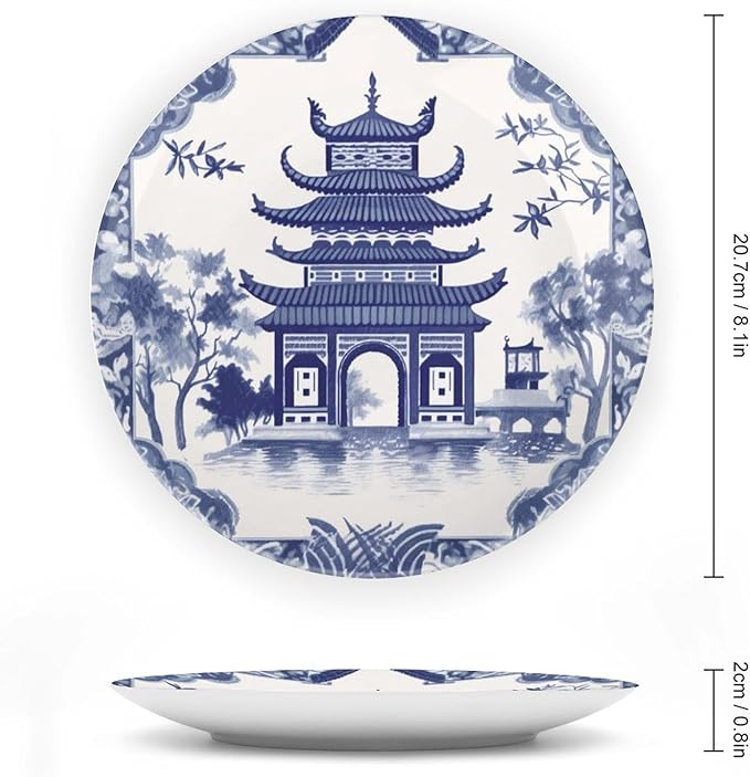 Chinoiserie Blue Asian Pagoda Plates Ceramic of 6", 7", 9", 10", Customize Bone China Decorative Plate, Wall Home Decorations Office, Unique Art with Stand