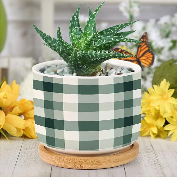 Sage Green Buffalo Plaid Planter Ceramic Green Buffalo Check Round Plant Pot with Drainage Holes and Bamboo Tray Pot for Outdoor Garden Home Plant