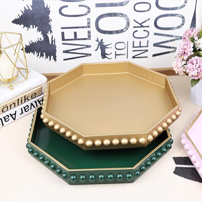 Green Serving Tray for Coffee Table, Octagonal Beaded Plastic Decorative Tray for Ottoman, Kitchen Counter, Living Room, Outdoor Lacquer Tray for Entertaining