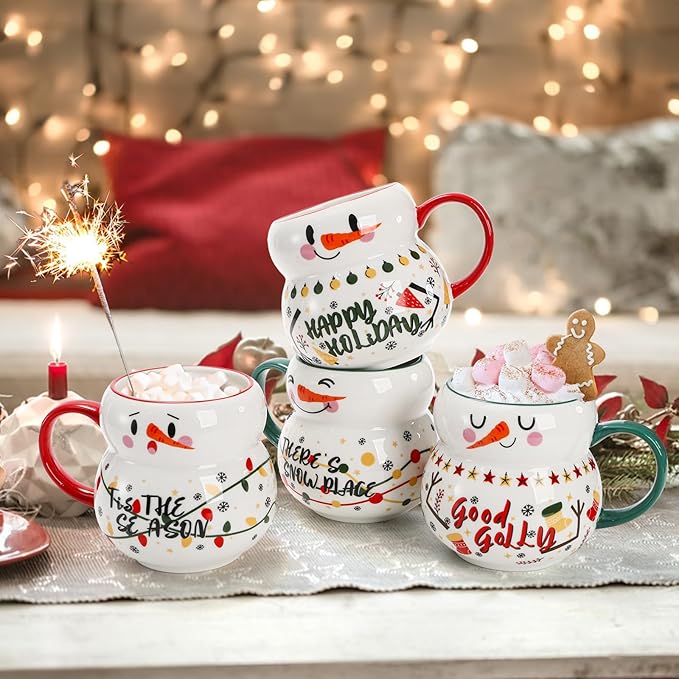 4 Pack Christmas Mugs Set, 15oz Ceramic Snowman Coffee Cup, Stackable Holiday Xmas Tea Mug for Hot Cocoa Cold Water Milk, Housewarming Gift Home Decor, Dishwasher Microwave Safe(4 Styles)