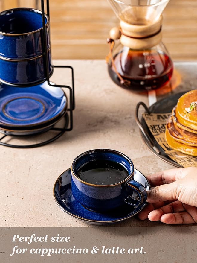 Gomakren 6 Ounce Cappuccino Cups with Saucers and Metal Stand, Stackable Coffee Cup Set of 4, Valentine Porcelain Espresso Cups for Coffee Drinks, Cappuccino, Latte, Americano, Tea, Cobalt Blue