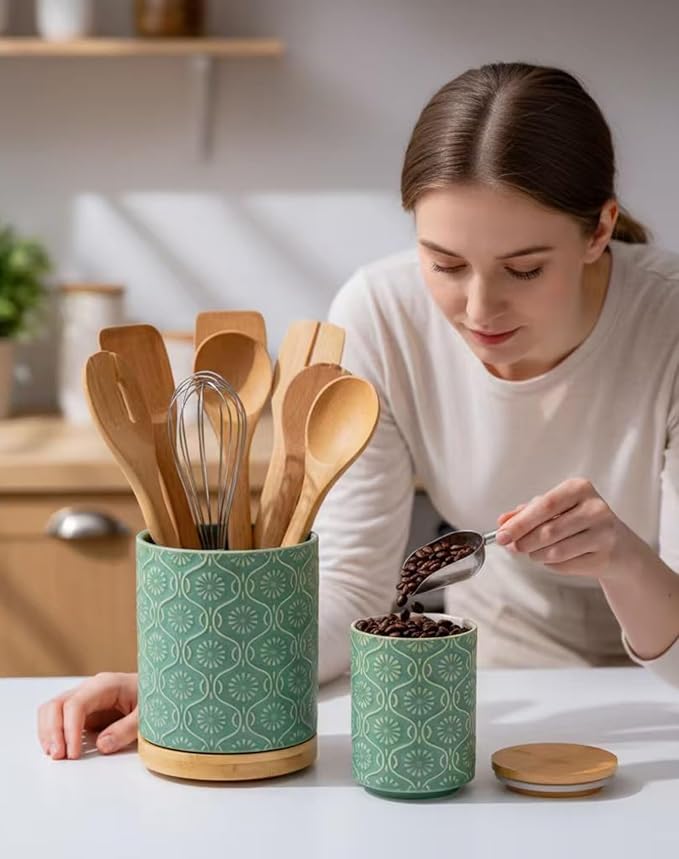 TEATALK Ceramic Utensil Holder Set, 360° Rotating Organizer for Countertop, Farmhouse Vintage Style, Large and Small Crocks in Green，7.7"+5.7"