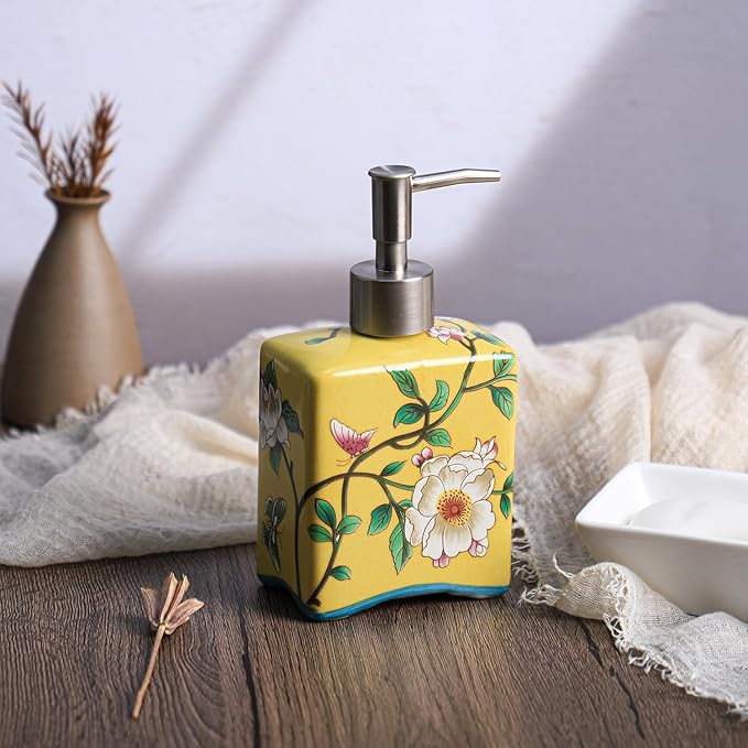 Ceramic Soap Dispenser, Lotion Bottle, Soap Bottle with Removable Pump, Flower Pattern Dispenser for Kitchen Soap, Bathroom Soap, Lotion and Essential Oil-Yellow-13 OZ
