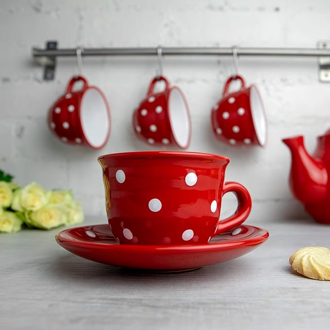 City to Cottage Handmade Red and White Polka Dot Ceramic 8.4oz/250ml | Cappuccino, Coffee, Tea Cup and Saucer, Unique Designer Pottery for Tea Lovers