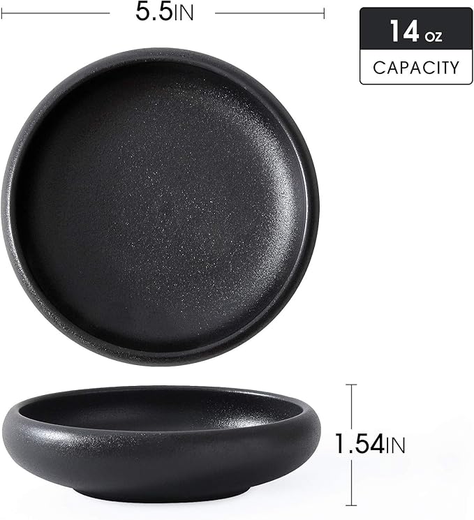 Uaral Japanese Salad Plate,Black Plates and Bowls Set,Stoneware Black Plate Set,Appetizer Plates Set of 4,5.5 inch,14 oz(Texture Matte)