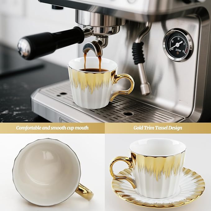 3.2oz Ceramic British Coffee Cup Set of 6, Italian Turkish Cappuccino Cups Porcelain Espresso Cups and Saucers with Gold Trim for Double Espresso Cappuccino Latte Mocha Tea
