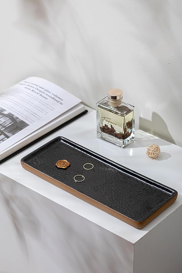 Vanity Tray with Brown Trim, Candle Tray, Bathroom Countertop Perfume Holder Organizer, Decorative for Dresser, Table, Countertop, Home décor, Rectangular, Black, 12''×4.7''