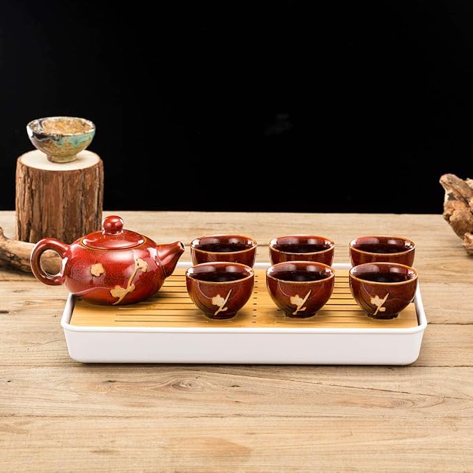 TJ Global Chinese/Japanese Ceramic Tea Set, 100% Handmade Traditional Tea Ceremony Set with Teapots, 6 Teacups, Bamboo Tea Tray with Drainage (Red)