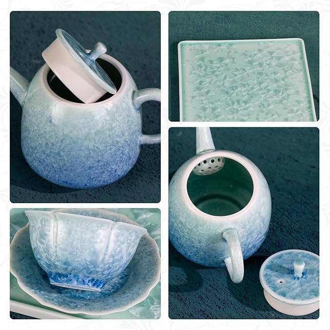 Tea Set for Adults Porcelain Tea Pot and Tea Cups Set, Blue and Cyan Gradient Japanese Ceramic Tea Cups and Saucers Set, Chinese Gong Fu Tea Set (2 Saucer+ 2 Floral Cups +1 Tea Pot + 1 Square Plate)