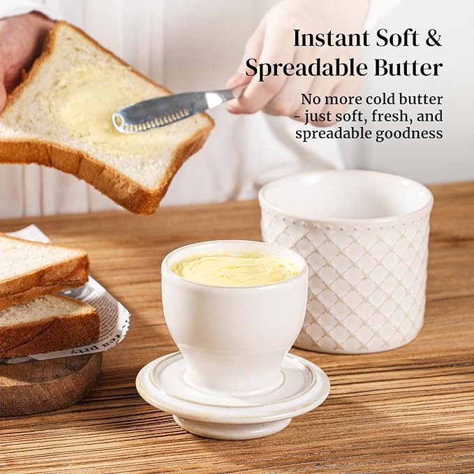 DOWAN French Butter Crock for Counter with Water, Ceramic Butter Dish with Lid for Countertop, Butter Holder for Soft Spreadable Butter, Butter Keepers to Leave on Counter, Embossing, Off-white