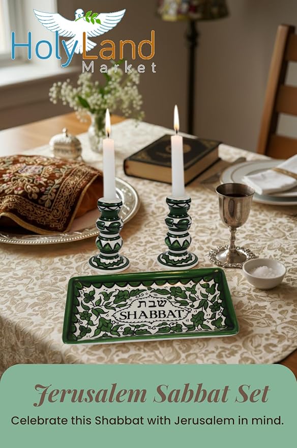 Holy Land Market Shabbat Candlestick Set - Colorful Ceramic Candlesticks with Matching Plate for Shabbat and Holidays (Green)