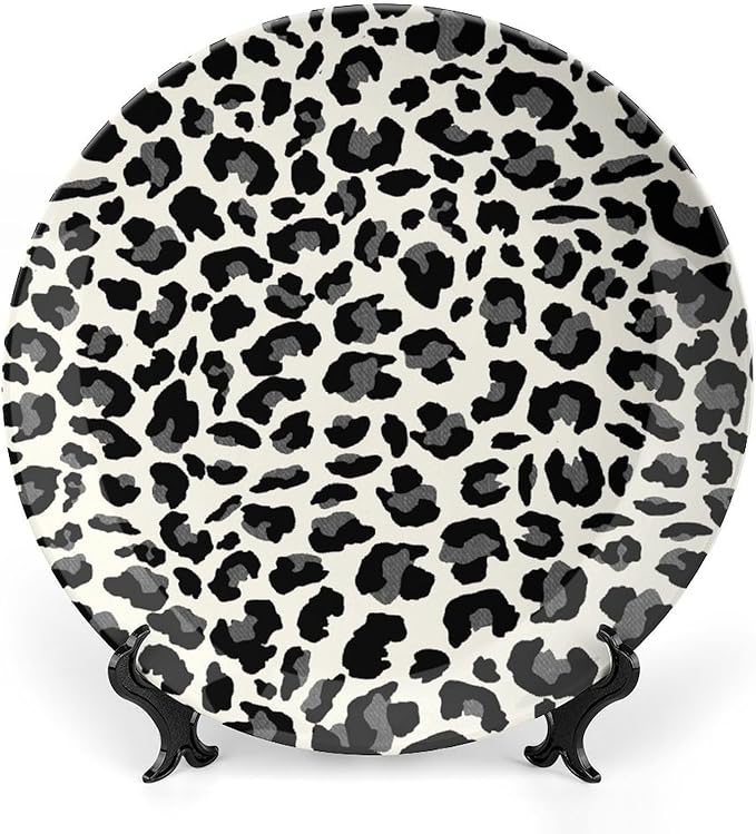 Plates Ceramic Leopard Animal Print Gray And Beige Customize Decor for Club Farmhouse Housewarming Gifts Home Blue And White Plates Unique Art with Stand, Multi Sizes by Choosing, Gifts for Men Women