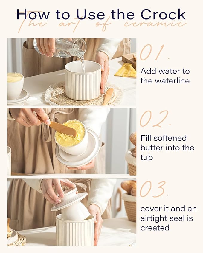 Getstar Large Ceramic Butter Crock with Lid for Countertop, 6OZ French Butter Dish Keeper for Spreadable Butter Water Seal with Elegant Embossed Pattern, Cream White